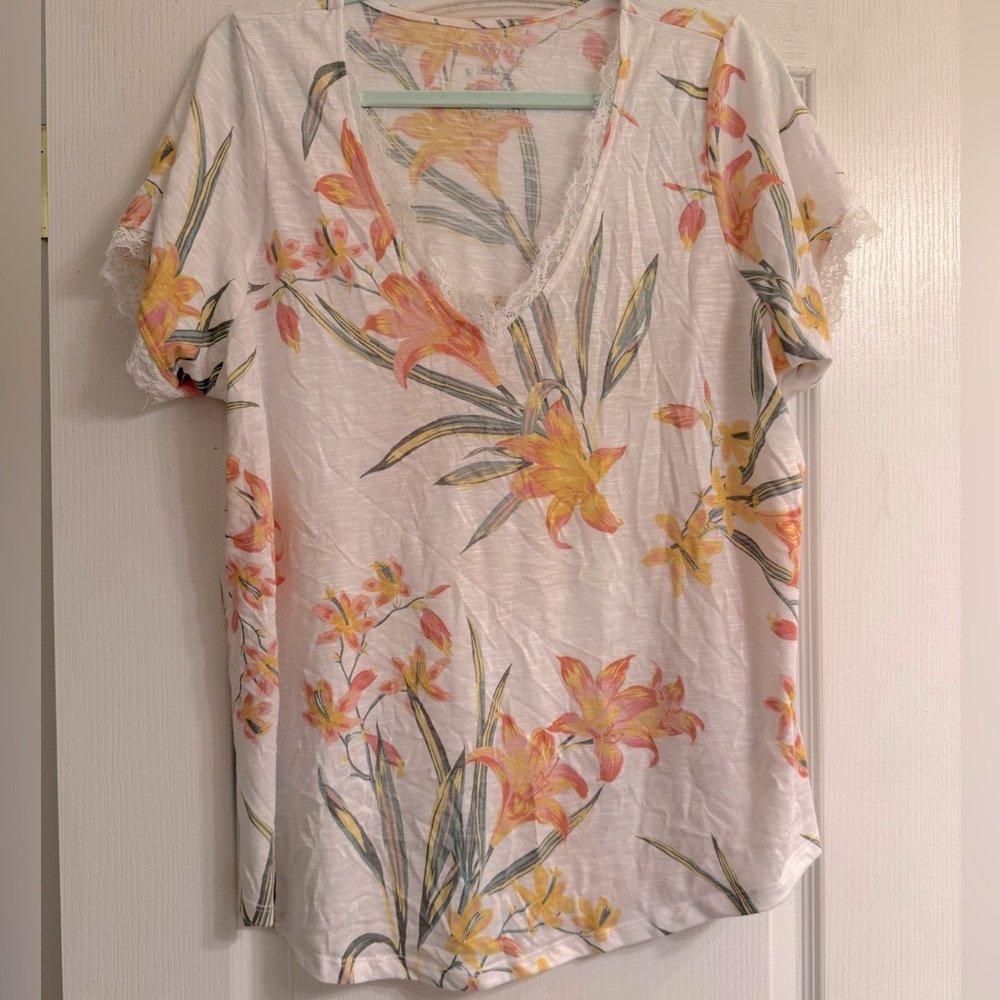Torrid White Tropical Classic Fit feather soft Lace Trim V-Neck Shirt - size 1